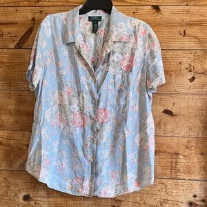 Ralph Lauren Pastel Blue Floral Short-Sleeve Button-Up 100% Linen